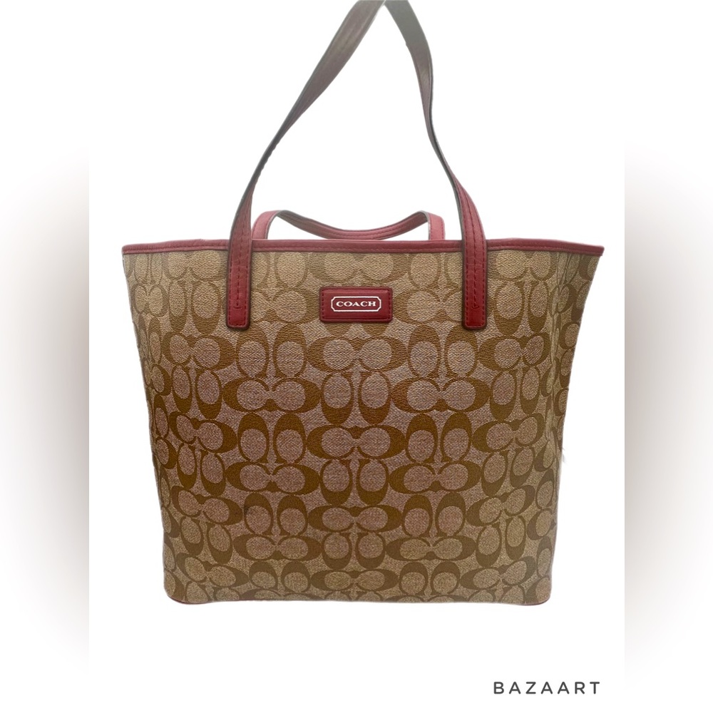 Coach Signature City Tote Bag khaki with maroon coated canvas - Picture 1 of 5